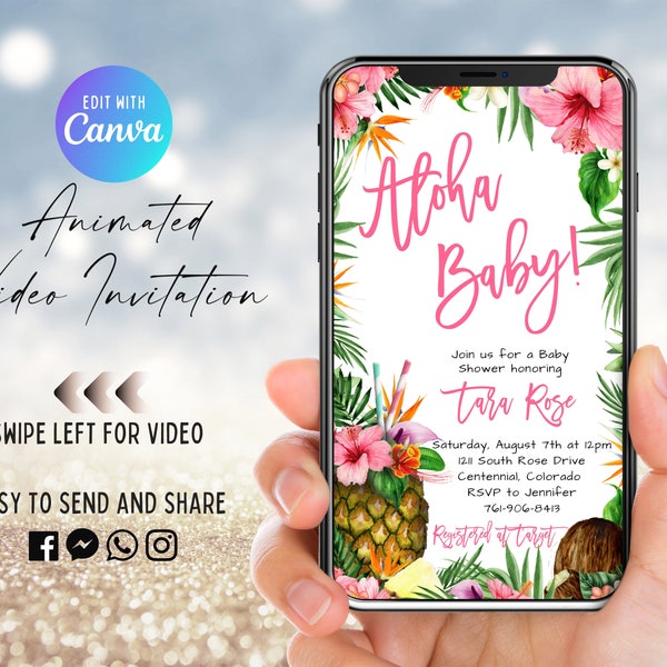 Pink Aloha Video Invitation, Animated Invite, Tropical Luau, Hawaiian, Pink Hibiscus Floral, Pineapple, Electronic Evite, Girl Baby Shower