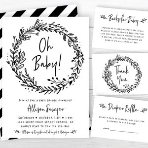 Oh Baby Invitation Set, Minimalist Baby Shower, Gender Neutral Invite, Simple, Boy, Girl, Black And White Wreath, Contemporary Baby Invite