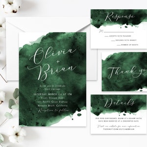 Emerald Green Watercolor Wedding Invite, Modern Calligraphy, Green Watercolor Splash, Wedding Set, Minimalist, Elegant, Simple, Template