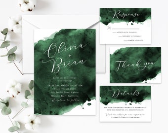 Emerald Green Watercolor Wedding Invite, Modern Calligraphy, Green Watercolor Splash, Wedding Set, Minimalist, Elegant, Simple, Template