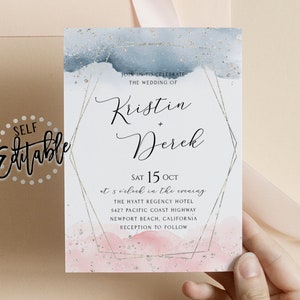 May include: A wedding invitation with a watercolor background in shades of blue and pink with gold glitter accents. The invitation features a geometric frame with the names Kristin and Derek and the wedding date, Saturday, October 15th.