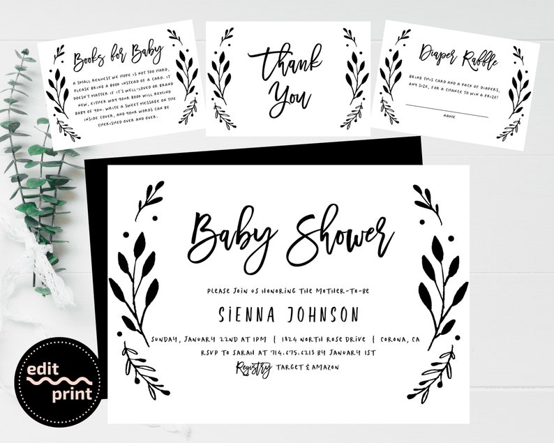Simple Baby Shower Invite Gender Neutral Black and White Baby Invitation Girl Baby Shower Boy Baby Shower Greenery Baby Shower