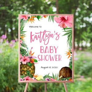 Tropical Baby Shower Welcome Sign, Pink Aloha Luau, Floral Hibiscus, Hawaiian, Pineapple Coconut, Girl Baby Shower, Editable, Printable