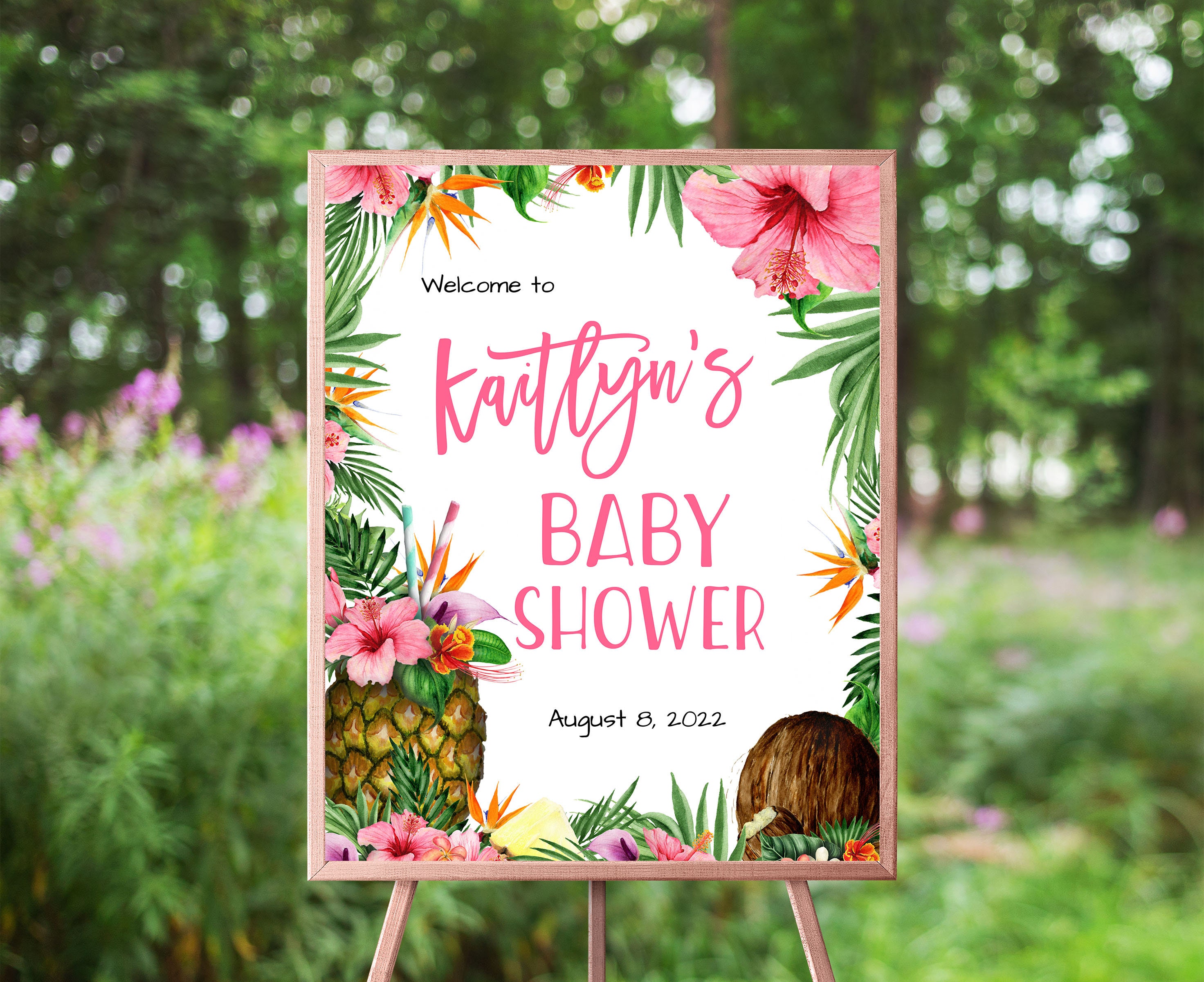 Tropical Baby Shower Welcome Sign Pink Aloha Luau Floral