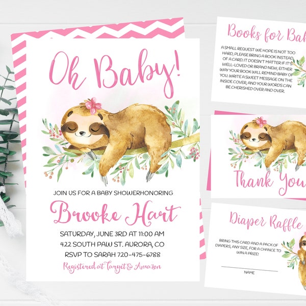 Cute Sloth Baby Shower Invite, Pink Floral Greenery, Pink Bow, Oh Baby, Girl Invite, Baby Sloth, Printable Template, Greenery, Invite Set