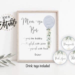 Blue Balloon Mom-osa Bar Sign and Drink Tags, Mimosa Sign, Baby Shower Drinks Sign, Eucalyptus, Boy Baby Shower Decor, Dusty Blue