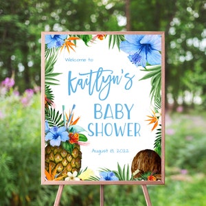 Tropical Baby Shower Welcome Sign, Blue Aloha Luau, Floral Hibiscus, Hawaiian, Pineapple Coconut, Boy Baby Shower, Editable, Printable