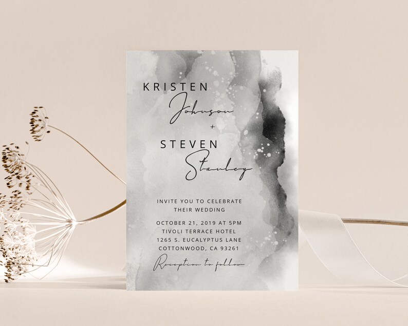 Gray And Black Wedding Phone EvitePrintable Invite, Watercolor Splash, Minimalism, Modern, Electronic, Text Message image 4