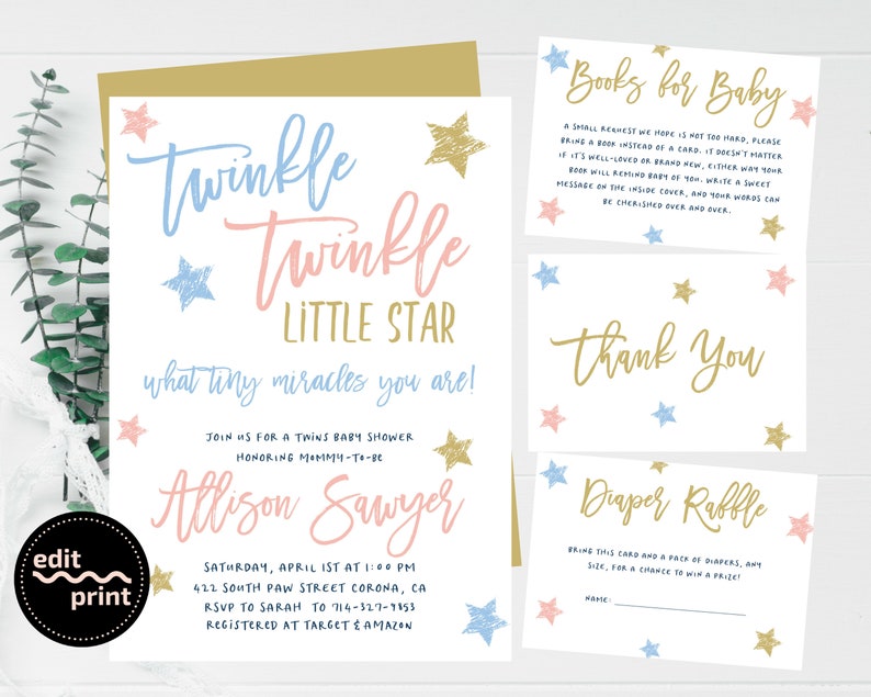 Boy Girl Twins Baby Shower Invite, Twinkle Little Star Invitation, Gold Pink Blue Twinkle Twinkle, Star Baby Shower Invite, Instant Download