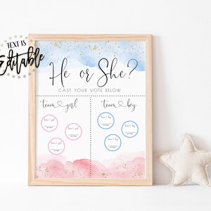 Gender Prediction Sign, He Or She Activity, Pink And Blue Watercolor Splash, Boy Or Girl Game, Gender Reveal Party, Cast Your Vote