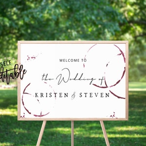 Wine Stain Wedding Welcome Sign, Winery Themed Wedding, Burgundy, Self-Editable, Modern Calligraphy, Minimalist, Large Welcome Poster