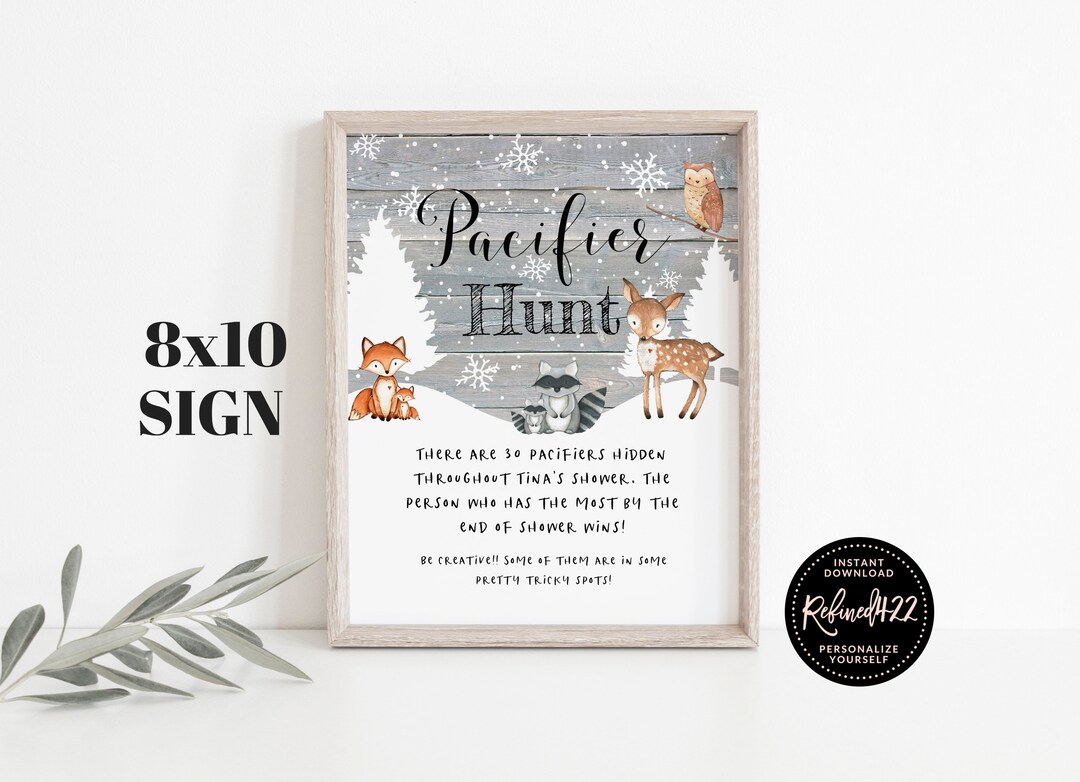 Winter Woodland Animals Pacifier Hunt Sign, Baby Shower Sign, Forest ...