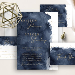 Navy Blue Watercolor Splash Wedding Invite, Gold And Navy Invitation Suite, Minimalist, Modern, Elegant, Simple Wedding, Editable Template