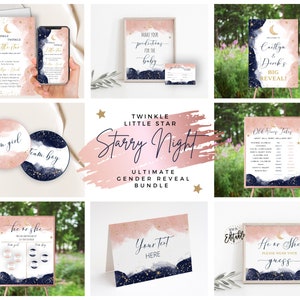 Starry Night Collection Gender Reveal Bundle, Twinkle Little Star, Pink & Navy Watercolor, Boy Or Girl, Gender Reveal Party, Old Wives Tales