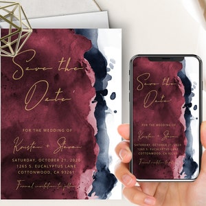 Burgundy Navy Watercolor Save The Date Evite+Printable Invite, Maroon, Modern Calligraphy, Wedding, Editable Template, Printable, Navy Blue