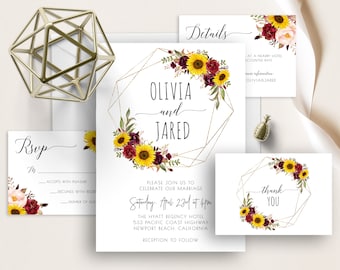 Sunflowers Boho Marsala Floral Wedding Invite, Burgundy Merlot Flowers, Gold Geometric Frame Wedding Invitation, Sunflower, Red Plum Roses