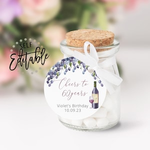 Winery Party Favor Tags, Cheers To 60 Years, Any Birthday, Aged To Perfection, Wine Themed Thank You Tags, Vineyard, Wine Glass, Grapes