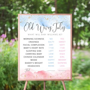 Watercolor Old Wives Tales Sign, Gold, Gender Reveal Party, Pink & Blue Watercolor, Boy Or Girl, He Or She, What Will Baby Be Activity Game image 2