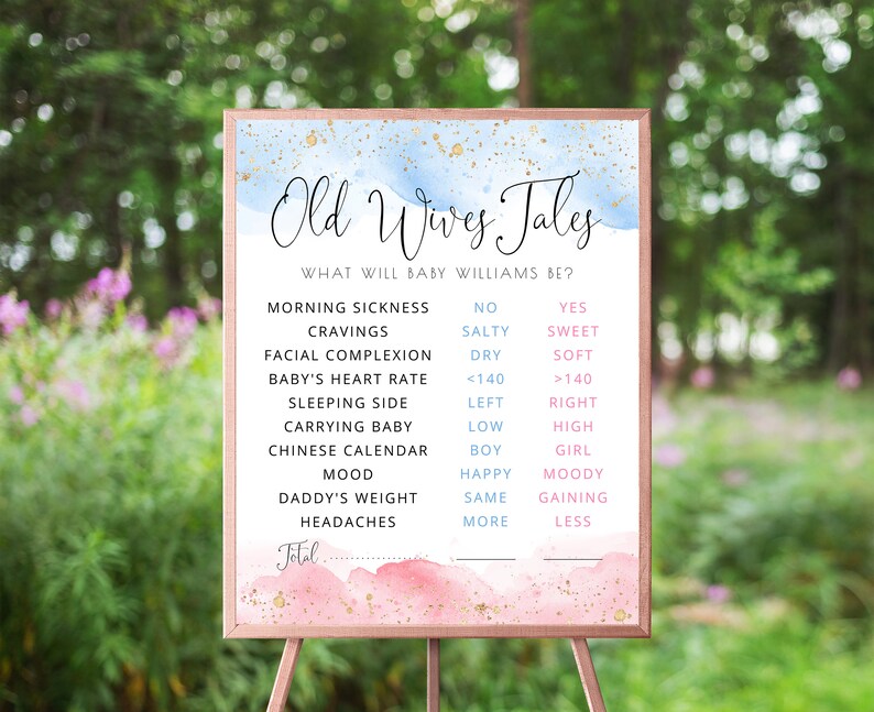 Watercolor Old Wives Tales Sign, Gold, Gender Reveal Party, Pink & Blue Watercolor, Boy Or Girl, He Or She, What Will Baby Be Activity Game image 2