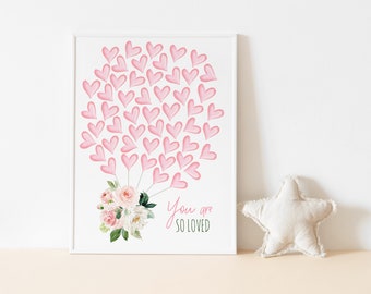 50 Balloon Hearts Guest Book, Blush Pink Floral Guestbook Poster, Signature Sign, Baby Shower, Heart Guestbook, Pink Ivory Floral Greenery