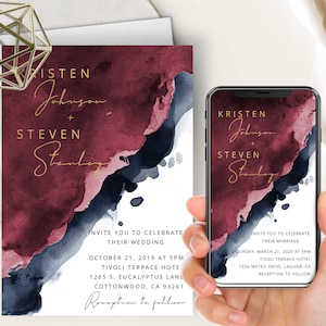 Burgundy Navy Wedding Phone Invite, Watercolor Splash Evite, Minimalism, Modern, Maroon Navy Blue,Digital Electronic Invitation Text Message