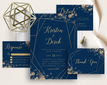 Gold Geometric Frame Wedding Suite, Navy Blue, Champagne Bokeh Glitter, Elegant Invitation, Editable Template, Printable Invite, Modern
