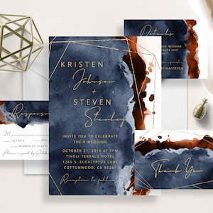 Navy And Burnt Orange Watercolor Wedding Suite, Modern Calligraphy, Minimalist, Navy Blue And Terracotta Watercolor, Elegant, Template