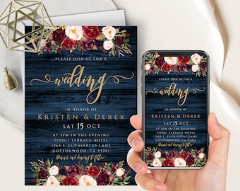 Rustic Navy Floral Wedding Evite, Burgundy Marsala Floral Wedding Phone Invite, Plum Blush Pink Merlot, Digital Electronic Invitation, Red