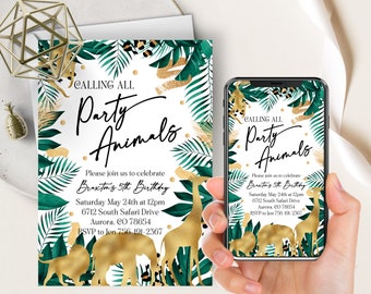 May include: A green and gold jungle-themed party invitation with the text "Calling All Party Animals" and details for a 5th birthday party. The invitation features a giraffe, lion, and other jungle animals.