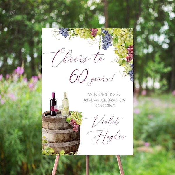 Winery Birthday Welcome Sign, Vineyard Birthday Decor, Cheers Wine Birthday, Birthday Poster, Red Wine, White Wine, 30th, 40th, 50th, 60th