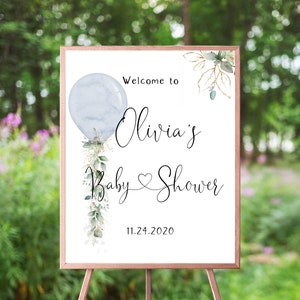 Balloon Greenery Welcome Sign, Blue Watercolor Balloon, Botanical Eucalyptus, Boy Baby Shower Decor, Boho Succulents Leaves, Poster