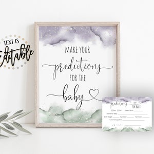 Prédictions MODIFIABLES pour bébé, aquarelle sauge et lavande, panneau et carte d'activité prédictions, paillettes argentées, sexe révélateur, baby shower