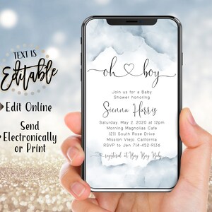 May include: A blue and white watercolor baby shower invitation with the text "Oh boy" and a heart. The invitation includes the name "Sienna Harry" and details for the shower, including the date, time, location, and RSVP information.