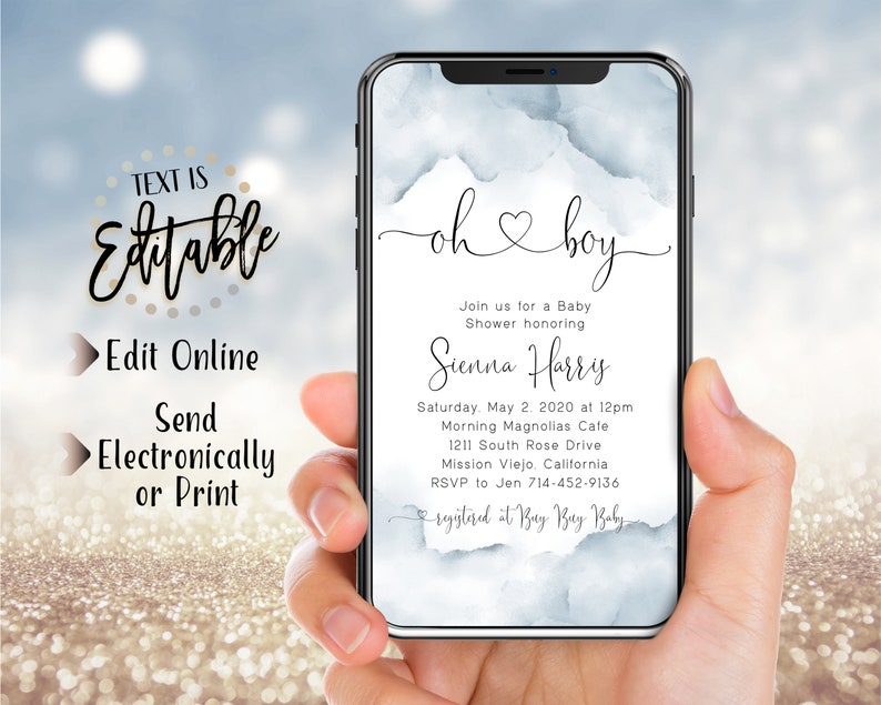 May include: A blue and white watercolor baby shower invitation with the text "Oh boy" and a heart. The invitation includes the name "Sienna Harry" and details for the shower, including the date, time, location, and RSVP information.