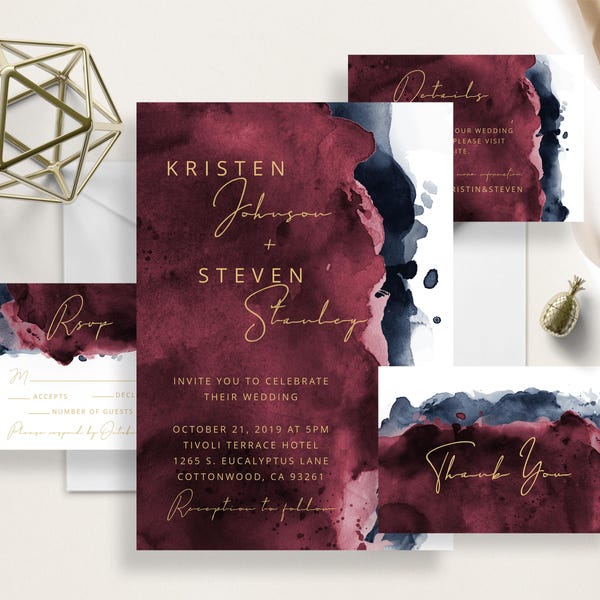 Burgundy Navy Watercolor Wedding Suite, Modern Calligraphy, Minimalist, Navy Blue And Maroon Watercolor Splash, Elegant, Simple Wedding