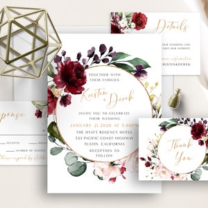 Blush Pink Burgundy Roses Wedding Suite, Gold Frame, Floral Watercolor Invitation Set, Romantic, Maroon, Greenery Leaves, Marsala