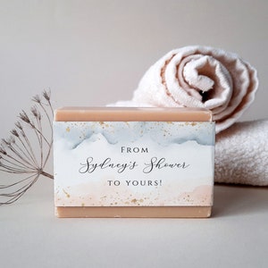 Watercolor Soap Wrapper Template, Bridal Shower Favor, Wedding Favor, Dusty Blue And Blush Pink, Gold Glitter, From Our Shower To Yours