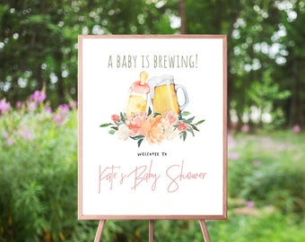 Floral Baby Is Brewing Welcome Sign, Bottle And Beer Mug, Peach Pink Floral Greenery, Pink Bottle, A Baby Is Brewing, Bottles and Beers