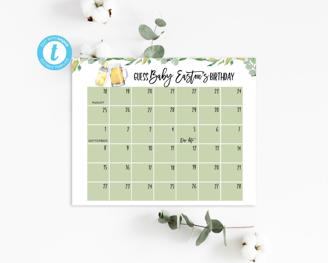 editable-predictions-due-date-calendar-baby-is-brewing-guess-baby-s-birthday-activity-bottles-and-beers-shower-greenery-gender-neutral-etsy