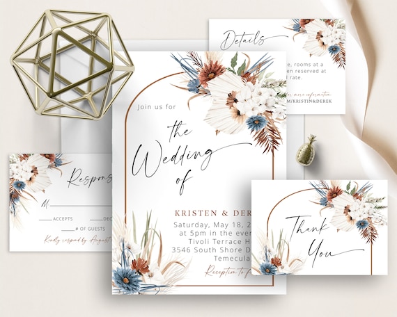 Terracotta Boho Floral Wedding Invite, Fall, Autumn, Sage And Moss, Dried Flowers, Burnt Orange, Arch, Rustic Earth Tones, Pampas,Dusty Blue
