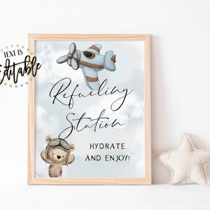 Airplane Teddy Bear Beverage Sign, Refueling Station, Vintage Airplane, Drinks, Up Up and Away, We Can Bearly Wait, Boy Baby Shower