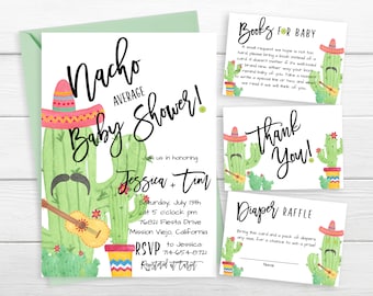 Nacho Average Baby Shower, Succulents Cactus Invitation, Taco 'Bout a Baby, Gender Neutral, Fiesta Baby Shower Invite Set, Editable Template