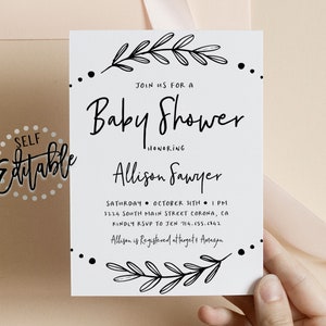 May include: A black and white baby shower invitation with a floral design and the text "Join us for a Baby Shower honoring Allison Sawyer". The invitation includes the date, time, location, RSVP information, and registry details.