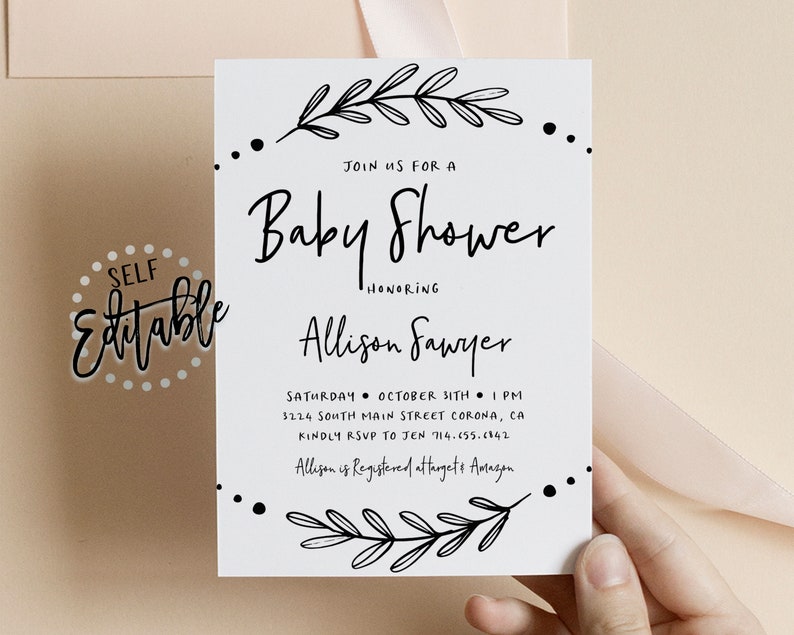 May include: A black and white baby shower invitation with a floral design and the text "Join us for a Baby Shower honoring Allison Sawyer". The invitation includes the date, time, location, RSVP information, and registry details.
