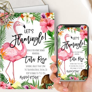 Let's Flamingle Baby Shower Phone Evite+Printable Invite, Flamingo Invite, Aloha Baby, Hawaiian, Tropical Luau, Pink Floral,Hibiscus,Coconut