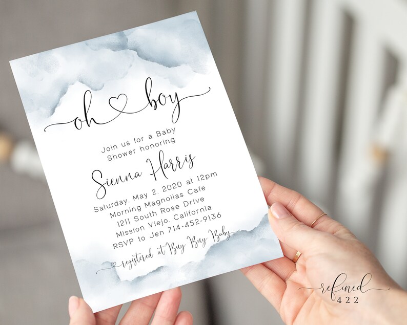 May include: A blue watercolor baby shower invitation with the text "oh boy" in cursive. The invitation includes the details of the shower, including the date, time, location, and RSVP information.