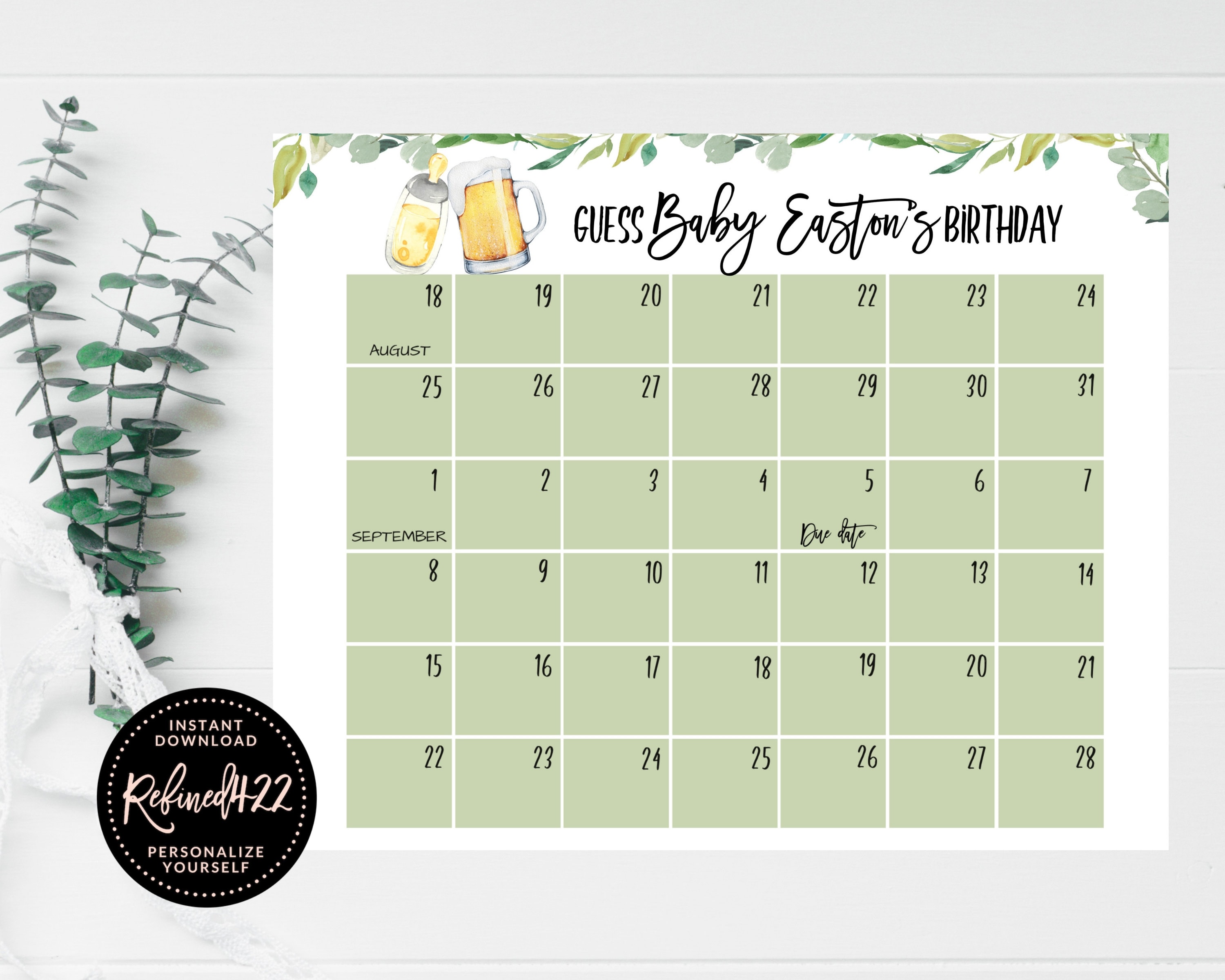 editable-predictions-due-date-calendar-baby-is-brewing-guess-baby-s-birthday-activity-bottles-and-beers-shower-greenery-gender-neutral-etsy
