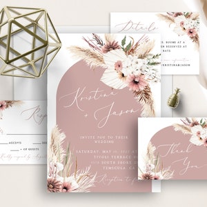 Mauve Boho Floral Wedding Invite Set, Dusty Rose, Neutral Tones, Arch, Rustic Invite, Pampas Grass, Eucalyptus Greenery, Floral Watercolor