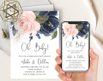 Gender Reveal Phone Evite+Printable Invite, Pink And Navy Floral, Electronic Digital, Boy Or Girl, Pink Or Blue, He Or She, Reveal Party