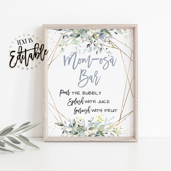 Greenery Mom-Osa Bar Sign, Mimosa Bar Drinks Sign, Beverage Station, Bubbly, Succulents Eucalyptus, Dusty Blue Floral, Baby In Bloom